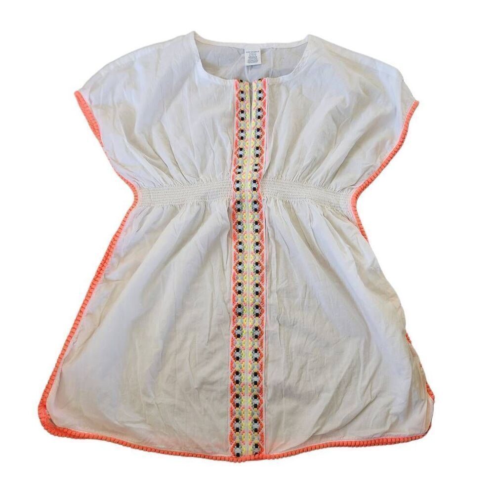 Girls large 10-12 100% cotton white boho swim cover braided trim neon swimming t